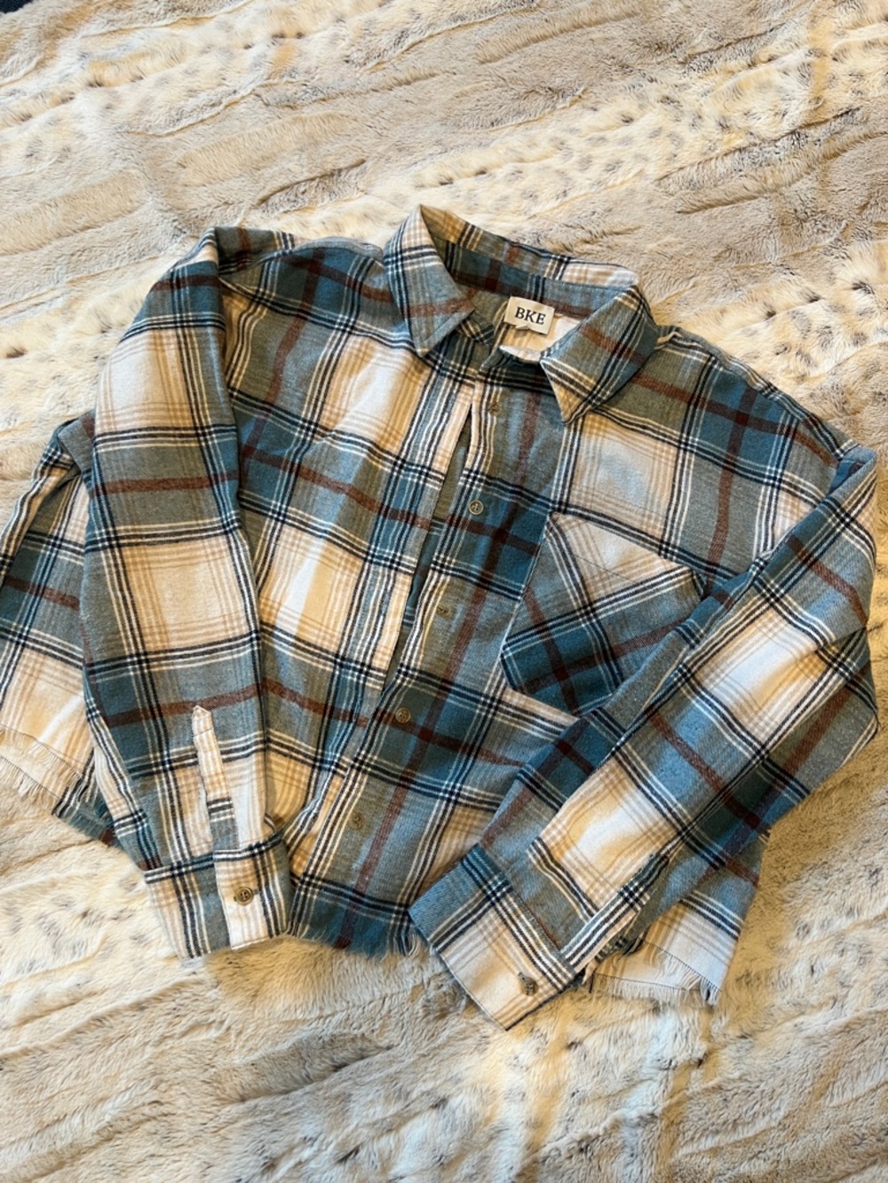BKE Cropped Plaid Button-Down Shirt in Blue, White & Brown Tones